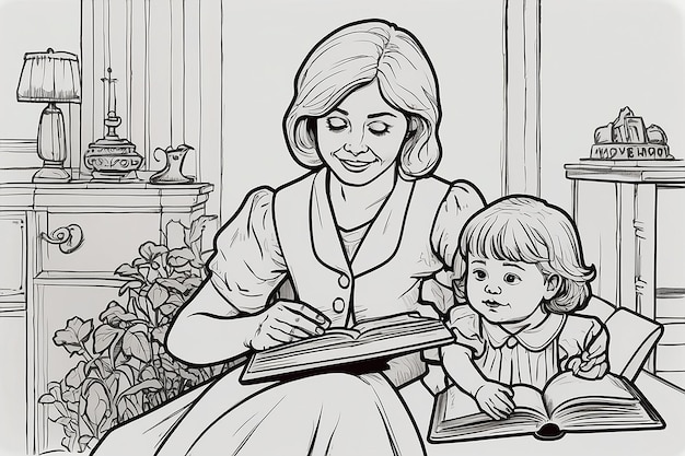 Mother and child reading book isolated coloring