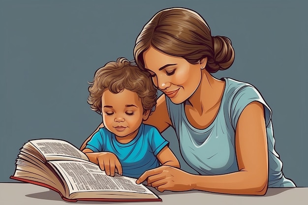 Mother and child reading book isolated coloring