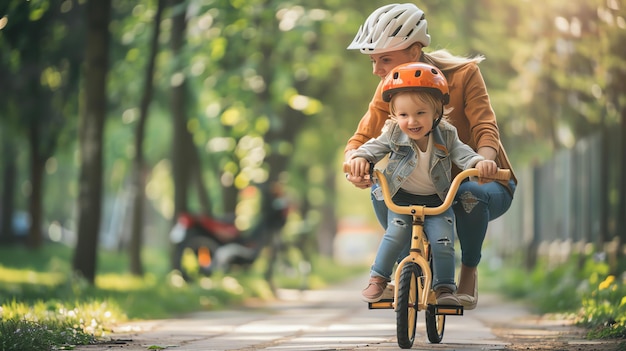 Photo mother and child riding a bike together the child is in front of the mother and is wearing a helmet