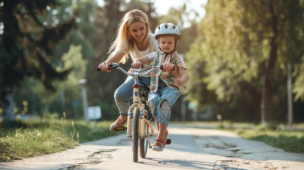 Foto madre e figlio in bicicletta insieme il bambino indossa un casco e la madre sorride stanno andando in un parco