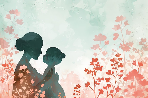 Photo mother and child silhouette in field of flowers