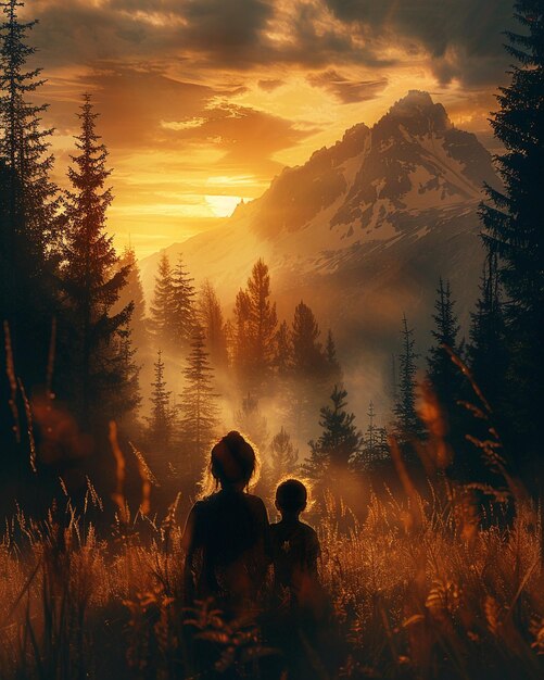 Photo a mother and child silhouette forest wallpaper