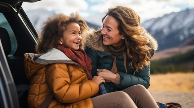 Mother and child sitting in the car against a mountain backdrop laughing and smiling broadly as they travel Created with Generative AI technology