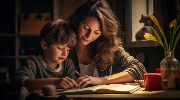 Photo mother and child sitting doing homework