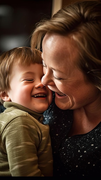 A mother and child smile and laugh with a smile on their face