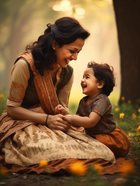 A mother and child smiling in a field of flowers.