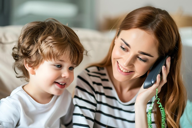 Mother and child talking on the phone