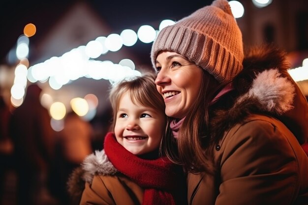 冬の夕方伝統的なクリスマスマーケットで母と子供