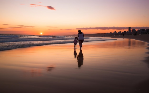 A mother and child walk on the beach at sunset.