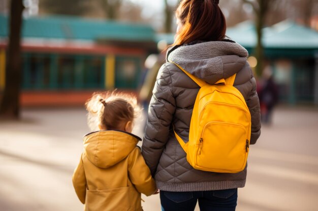 Mother and child walking hand in hand Concept of parental care