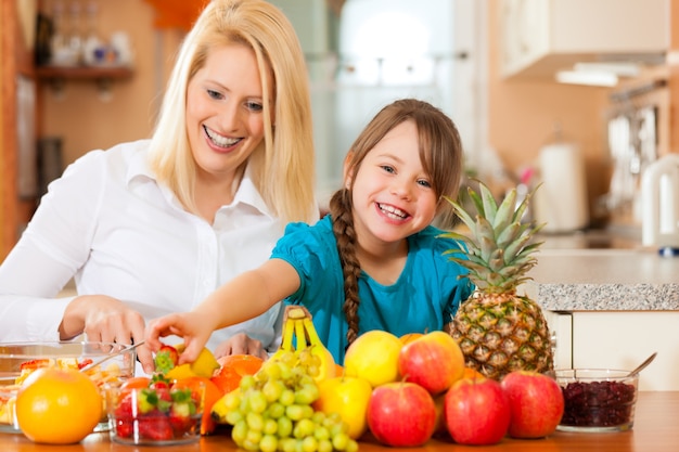 Mother and child with lots of fruits