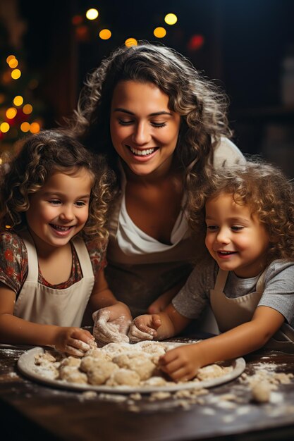 Mother and children bake Christmas cookies Generative AI