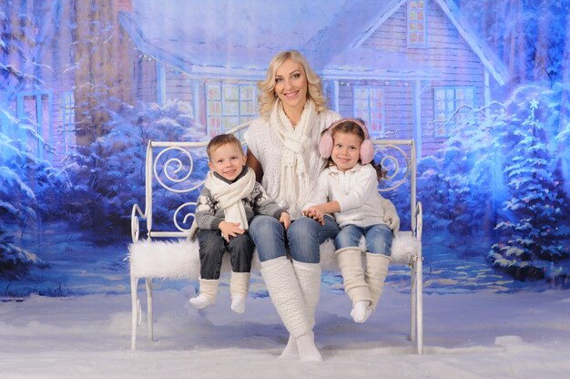 Mother and children celebrating Christmas together