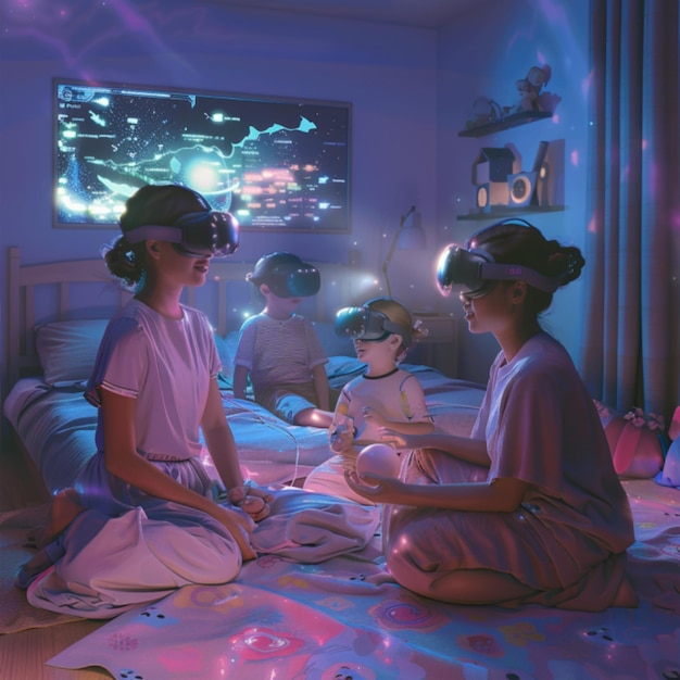 Mother and Children Exploring Stars with Virtual Reality Headsets