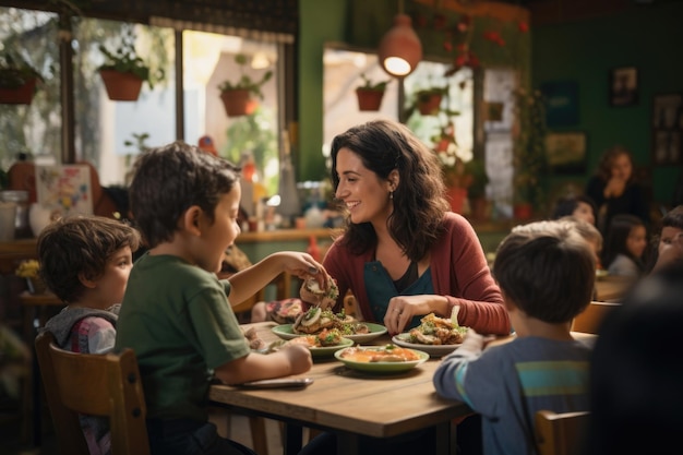 Photo mother and children at the kitchen table eating vegan food