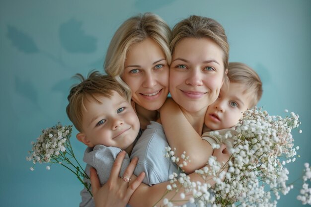 a mother and children pose for a photo with a baby and flowers