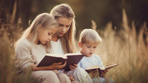 A mother and children read books in a field