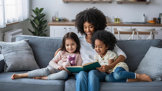 Mother and children relaxing together on the sofa at home in the living room