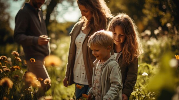 Photo mother and children spend time together in the countryside