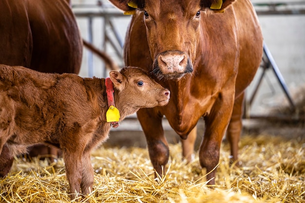 Mother cow and calf standing inside cattle farm