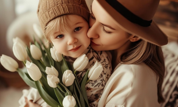мать обнимает сына тюльпанами, а мать целует его