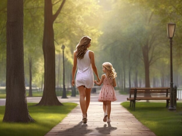 Mother and daughte walking in the park