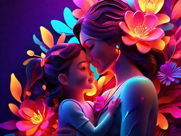 mother and daughter 3d illustration with neon light