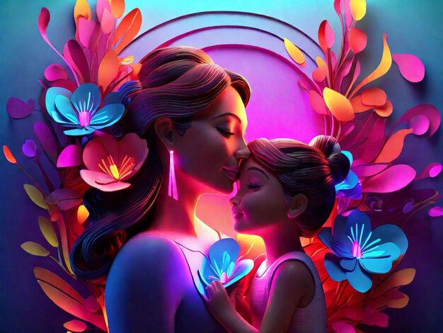 mother and daughter 3d illustration with neon light