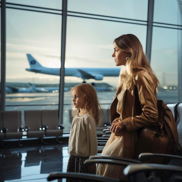 Foto madre e figlia nel terminal dell'aeroporto