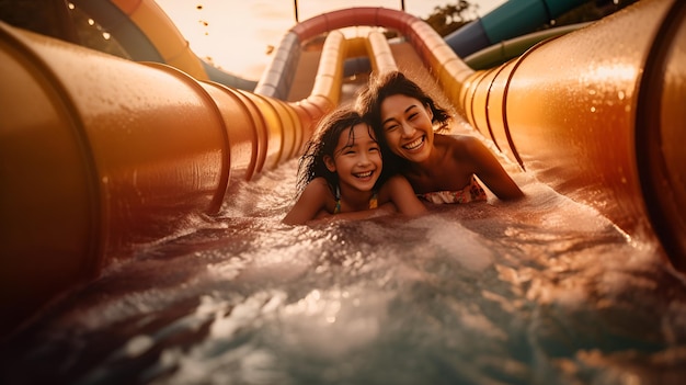 A mother and daughter are having fun in a water park