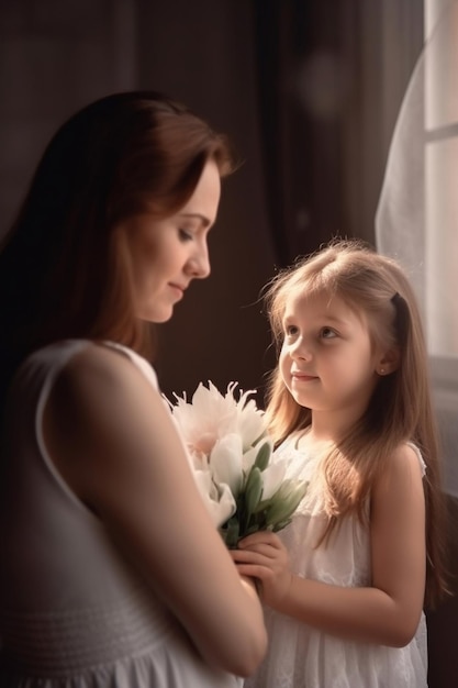 A mother and daughter are hugging and looking at each other.