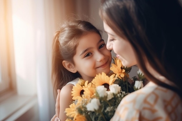 A mother and daughter are hugging and smiling.