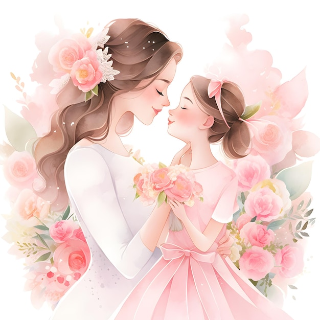 A mother and daughter are kissing while holding flowers