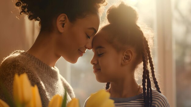 a mother and daughter are looking at each other and the child is holding a banana