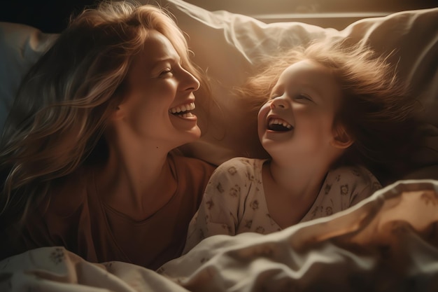 A mother and daughter are lying in bed and laughing.