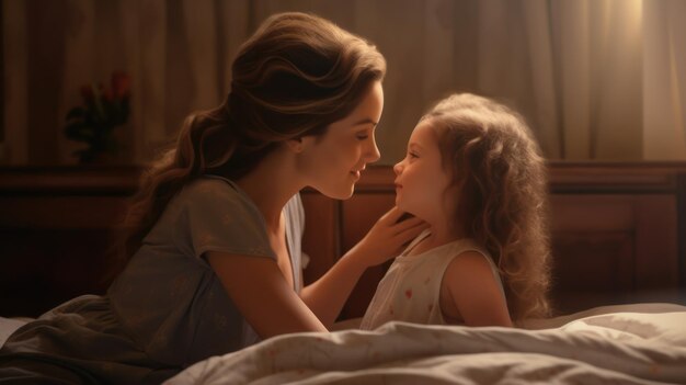 A mother and daughter are lying on a bed and looking at each other