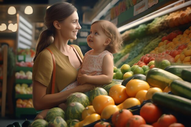 A mother and daughter are shopping in a grocery store.