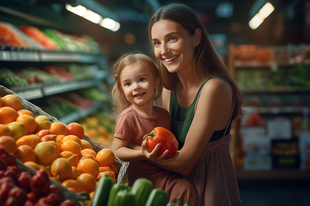 A mother and daughter are shopping in a grocery store.