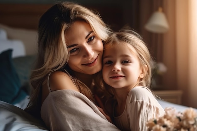 A mother and daughter are sitting on a bed and smiling.