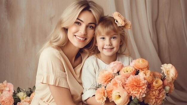 A mother and daughter are sitting on a bed with flowers