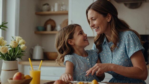 Mother and daughter are sitting in a kitchen with orange juice and strawberries