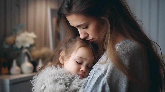 a mother and daughter are sleeping together and the child is wearing a gray shirt