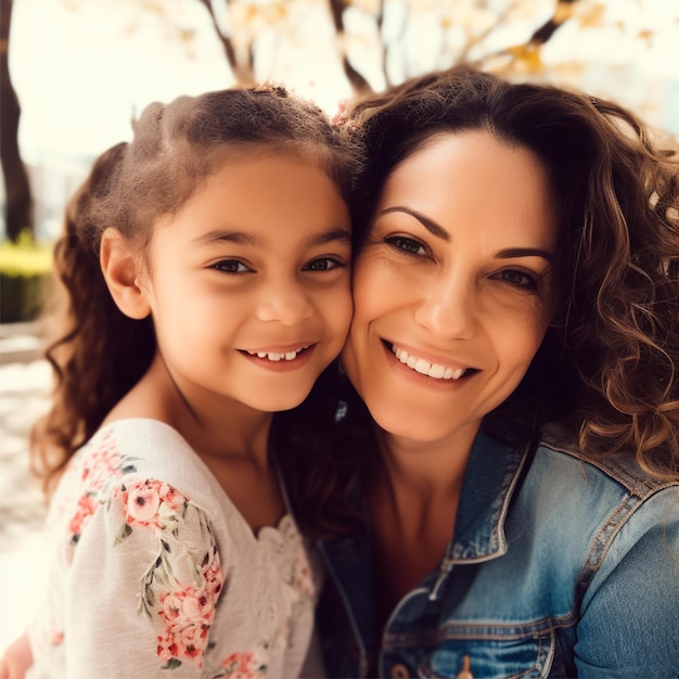 Foto una madre e una figlia sorridono e si abbracciano.