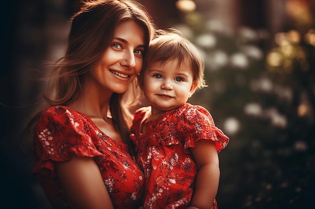 A mother and daughter are wearing red dresses.