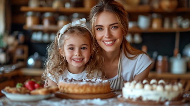 мама и дочь вместе пекут праздничный торт