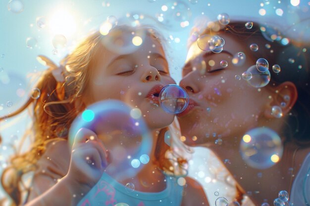 Photo mother and daughter blowing bubbles