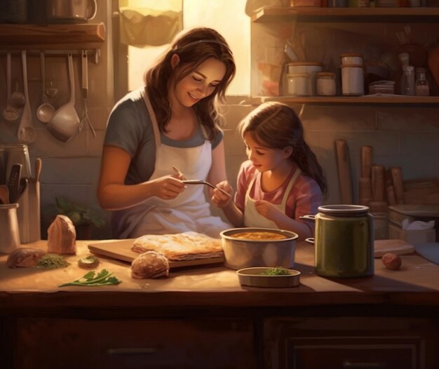 A mother and daughter bonding over cooking