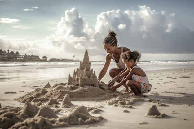 A mother and daughter building a sand castle on the beach