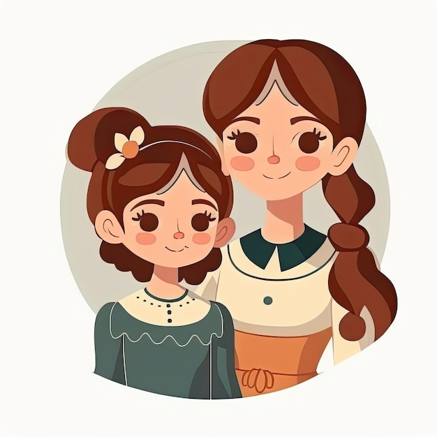 Mother and Daughter Cartoon Illustration AI GenerativexD