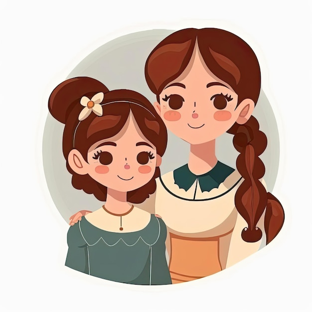 Mother and Daughter Cartoon Illustration Generative AIxD